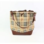 BURBERRY beige and brown leather trimmed coated canvas Haymarket Check large bucket bag with brass