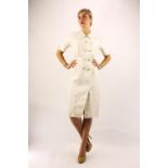 Addendum description. VALENTINO (MISS V.) Italian white linen day dress with gold tone buttons and