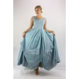 NORMAN HARTNELL pale blue satin ballgown with beaded belt and netted underskirt UK 10 made in 1958