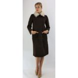 COURREGES Paris serial numbered chocolate brown wool coat with white fluffy colour c1965 UK10