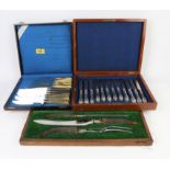 Mahogany cased set of six plated knives and forks, carving set with antler handles,