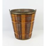 Dutch fruitwood peat bucket with brass swing handle and top band, brass liner, H33
