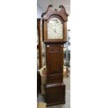 19th century oak longcase clock with painted dial and weight, H213cm