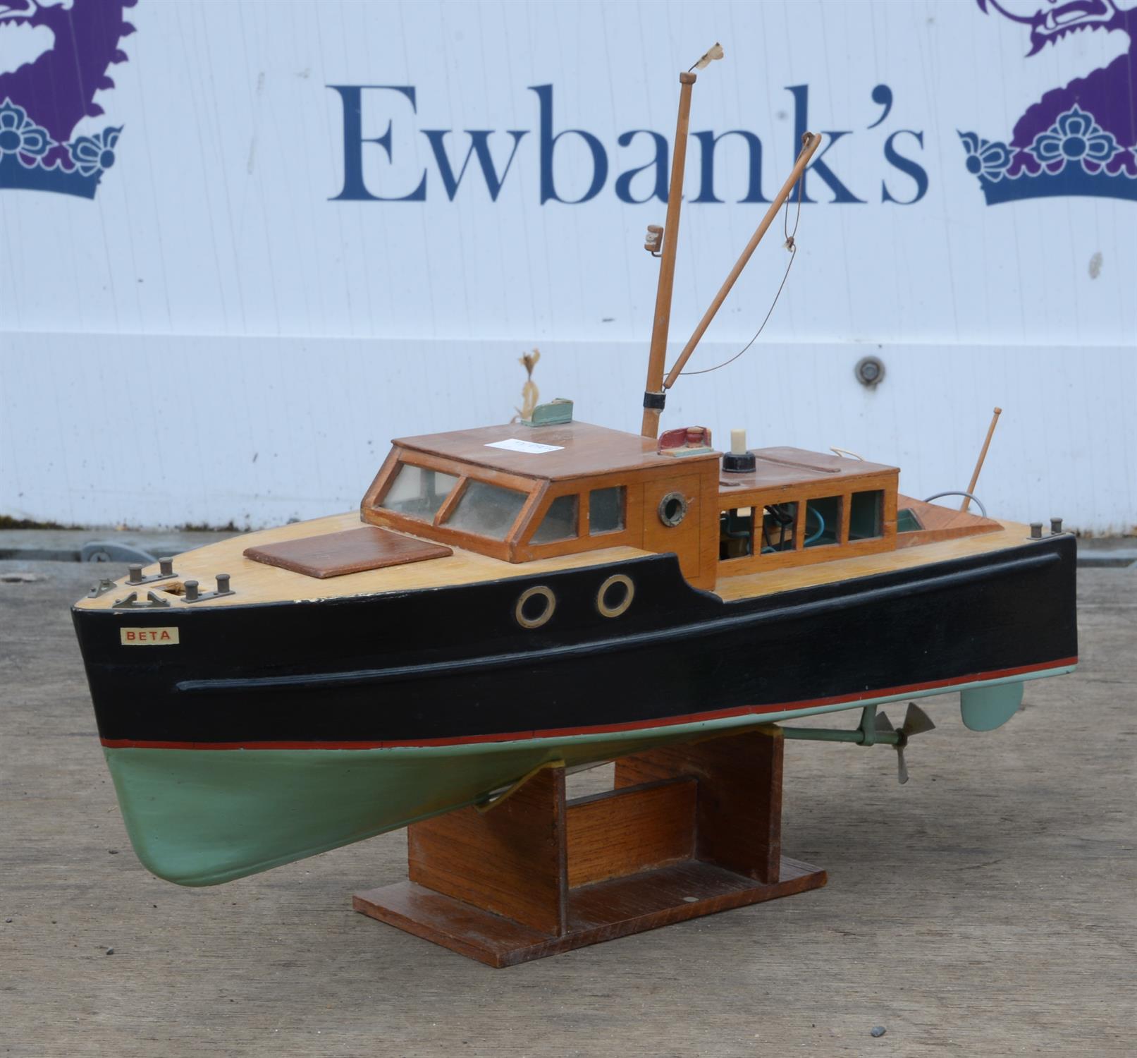 A plywood model of a boat, Beta, with cabin and electric motor, on stand, 43.5cm long, - Image 3 of 4