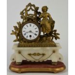 French spelter and white onyx mantle timepiece, H 29cm