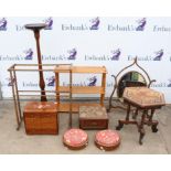 Late Victorian bobbin turned towel rail, H74cms, with a pair of circular walnut foot stools,