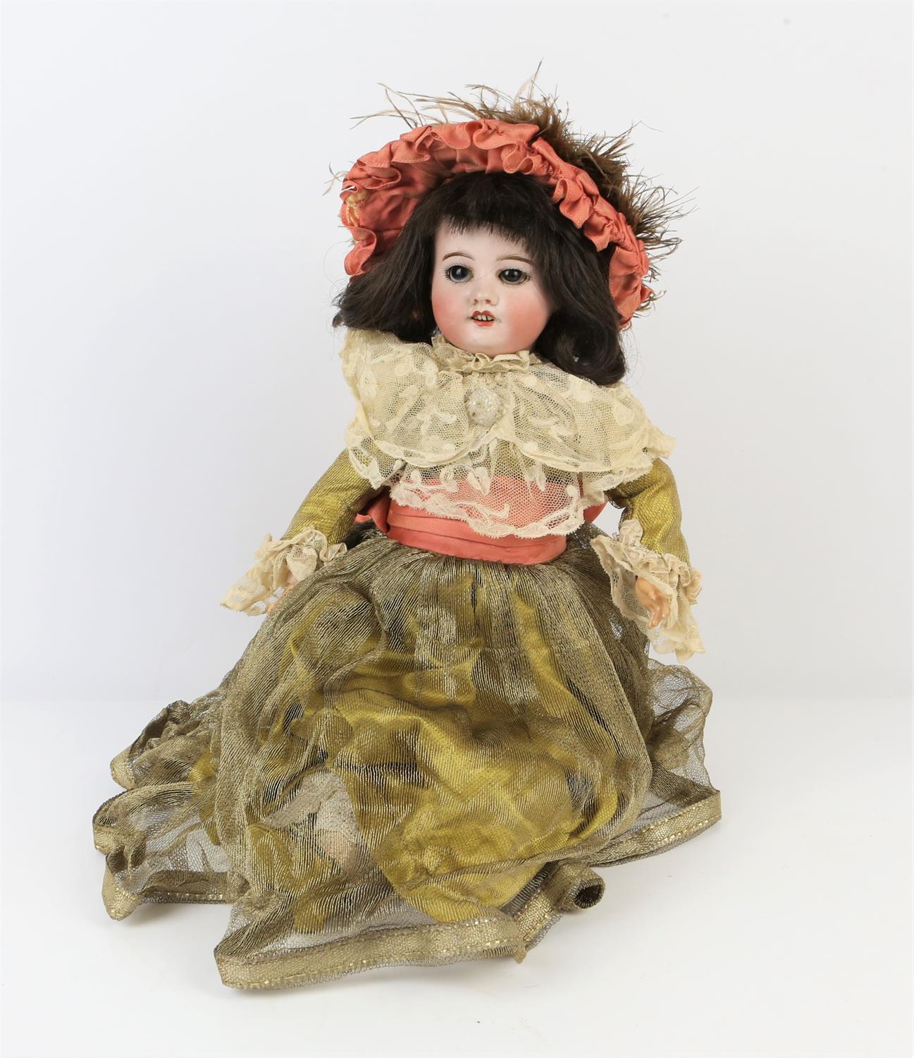 Parisian china doll in silk and lace Victorian style dress stamped S.F.B.J 60 Paris to back of head