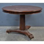 Mahogany centre table, 19th Century, with circular tilt top, on facetted column, tripod base,