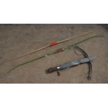 Wooden and metal Archer prop cross bow and two Archer's bows