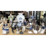 Collection of Copenhagen figures, animals and vases, to include a panda group, a pike,