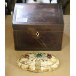 Mahogany tea caddy, 19th Century, 13cm high, together with a small bone case and a small bag of