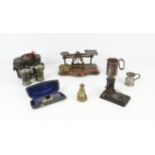 Early 20th century electric "servants" call box, copper and brass balance scales in oak box,