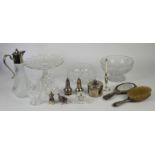 Waterford glass clock, together with other glass bowls, a silver plate and glass claret jug,