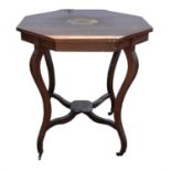 An Edwardian rosewood and boxwood line-inlaid octagonal top occasional table, the top damaged,