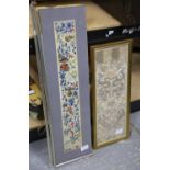 A pair of Chinese embroidered sleeve cuffs, applied with pheonix and dragon, framed, 38.5cm long,