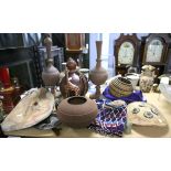 Collection of ethnic items gourd water bottle, beaded bag, two shields and other items.