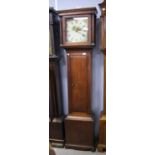 An oak longcase clock, 19th Century, with painted dial decorated with a cottage and floral