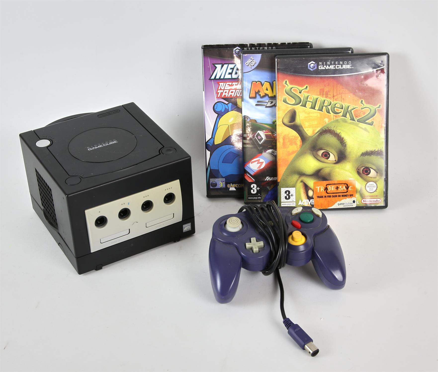 Nintendo Gamecube console (black) with 3rd party controller and memory card, power adaptor,