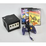 Nintendo Gamecube console (black) with 3rd party controller and memory card, power adaptor,
