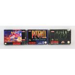 An assortment of 3 boxed SNES games (PAL) Includes: Pitfall, Alien 3 and Disney's Aladdin
