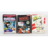 An assortment of 3 boxed NES games (PAL) Includes: Super Gloveball, Rescue: The Embassy Mission