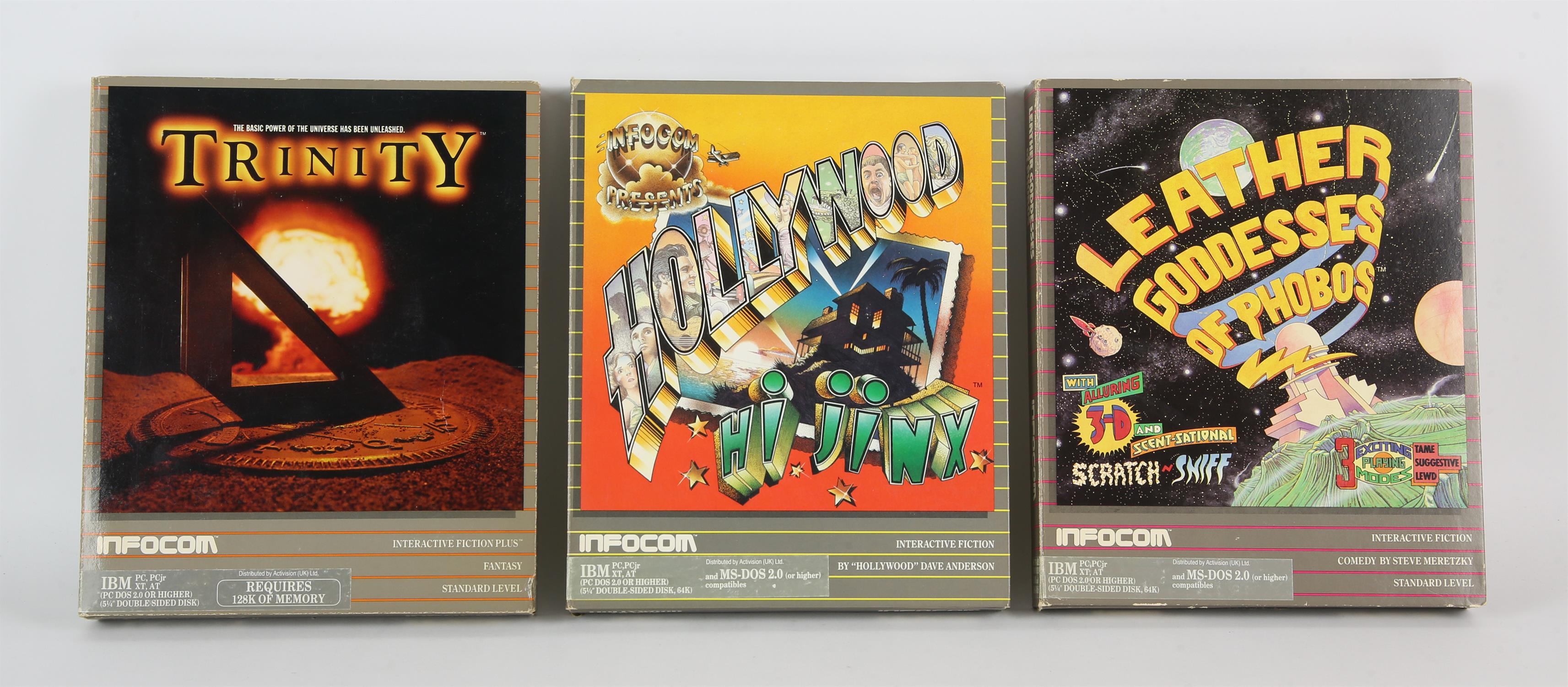 3 x IBM PC games by Infocom. Leather Goddesses of Phobos, Hollywood Hi Jinx and Trinity.