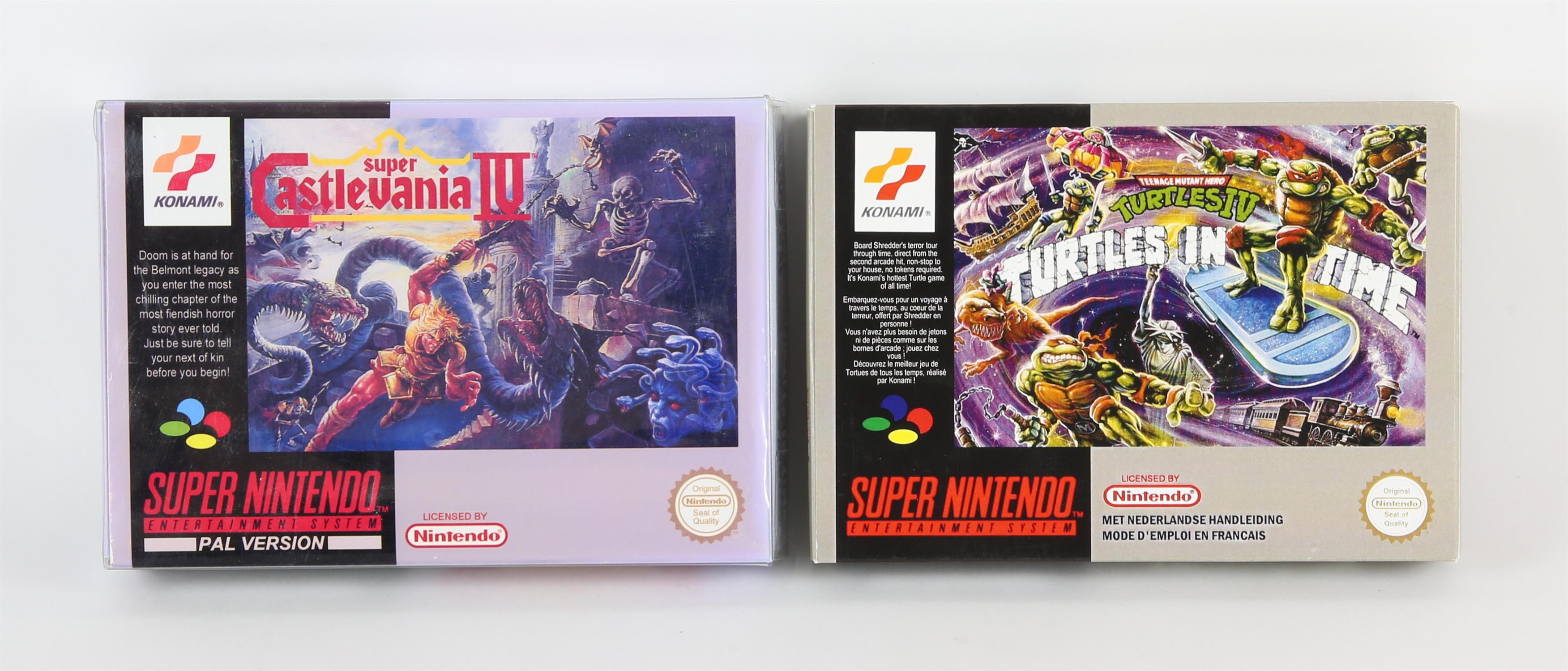 Super Nintendo SNES games x 2. Turtles in Time and Castlevania IV. Both PAL versions in repro boxes