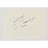 George Harrison - A signed autograph card in biro, 3.5 x 4.5 inches.