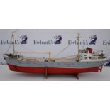 Model Ship / Pond Yacht. Frans W, 1:48 scale Dutch coastal freighter. Kit built, with stand.