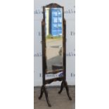 Edwardian black japanned chevel mirror, decorated with Chinoiseries, 156cm x 43cm
