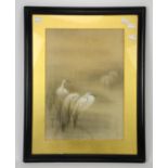 A Japanese painting of a group of Heron, on silk, framed and glazed, 41.5 x 29cm,