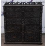 German oak chest, late 19th Century, with pierced gallery, above two rows of five graduated drawers,