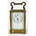 French brass carriage timepiece, white enamel dial with roman numerals, H18cms