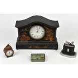 A brass bird cage, together with other items, including a Japanned mantel clock, a ceramic wall