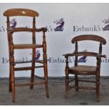 Two Victorian children's high chairs, each with caned seats, 88cm and 60cm high (2)