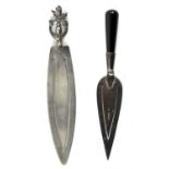 Two silver bookmarks, one in the form of a trowel. London 1990, The other with cross keys design