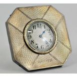 Engine turned finish, silver boudoir clock with cross / X design. Birmingham, 1927.