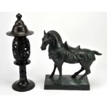 A bronze model of a Tang style horse, 36cm high, together with a bronze model of a lantern,