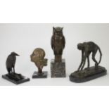 After Bugatti, bronze of a bird, on marble base, 19.5cm high, together with three other decorative