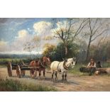 C. W. Oswald, a pair of pairs horses, with a cart and carter, within a landscape, signed,