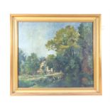 Nineteenth-century European School, landscape with stream and house to foreground, oil on canvas,