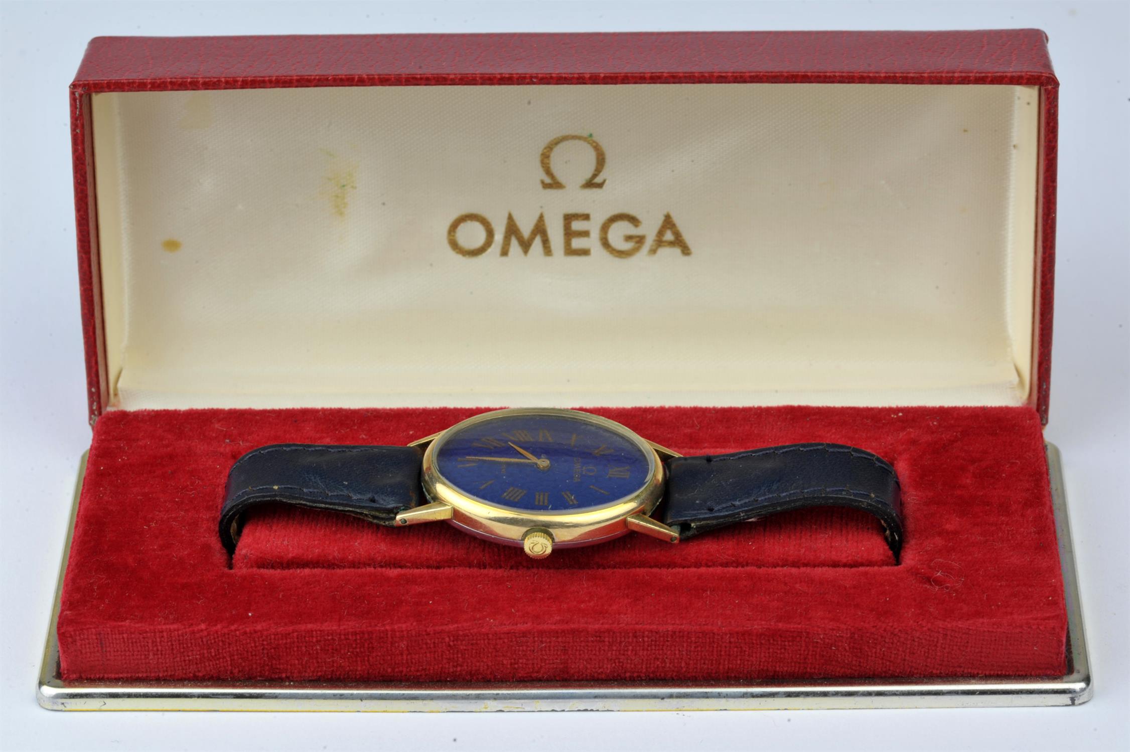 Omega a Ladies reference 511.416 oval cased gold plated wristwatch , the blue dial signed Omega