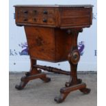 Edwardian Sheraton style painted satinwood sewing cabinet, the lid with a painted scene of three