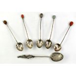 Selection of Chinese silver white metal spoons, including a dragon handle version and hard stone