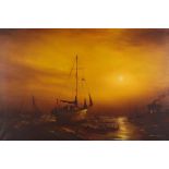 Graham Hedges (b. 1952) oil painting sailing ships in a harbour at sunset signed and dated 1970