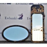 Two Chinoiserie taste japanned mirrors, of oval and rectangular form, decorated with figures,