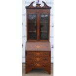 Edwardian Adam taste satinwood banded bookcase, with swan neck cornice, two glazed doors enclosing