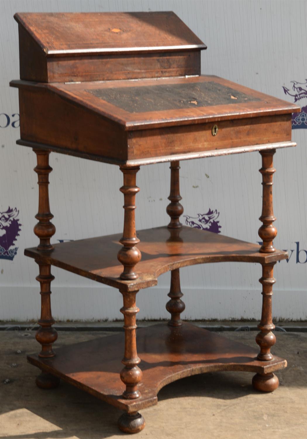 Victorian walnut and strung desk, with storage for stationary, with leather inset top,