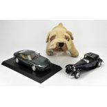 A Tuiloy scale model of an Aston Martin, and a Bugatti Royal Coupe, and a Merry Thought bull dog (3)
