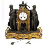 French gilt spelter and Sevres style porcelain Gothic taste clock, 19th Century, with two female